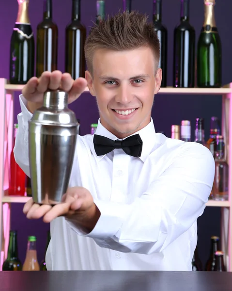 Retrato de belo barman com agitador, no bar — Fotografia de Stock