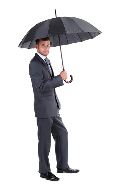 Geschäftsmann mit Regenschirm, isoliert auf weiß — Stockfoto