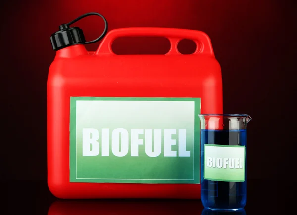 Biokraftstoffe im Kanister auf rotem Hintergrund — Stockfoto