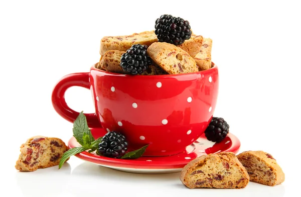 Lekkere koekjes met blackberry in cup geïsoleerd op wit — Stockfoto