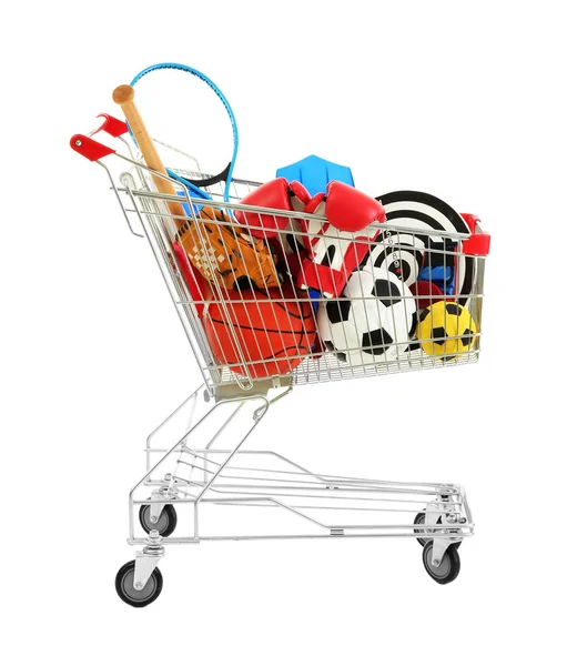 Shopping cart with sport equipment, isolated on white Stock Picture