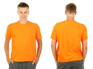 genç adam önünde ve arkasında izole üzerinde beyaz t-shirt