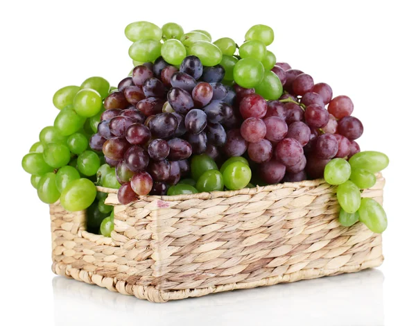 Ripe green and purple grapes in basket isolated on white — Stock Photo, Image