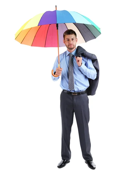Empresario con paraguas multicolor, aislado en blanco — Foto de Stock