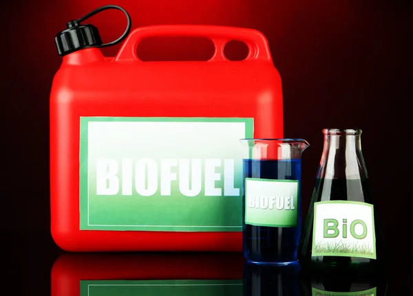 Bio fuels in canister and vials on red background — Stock Photo, Image