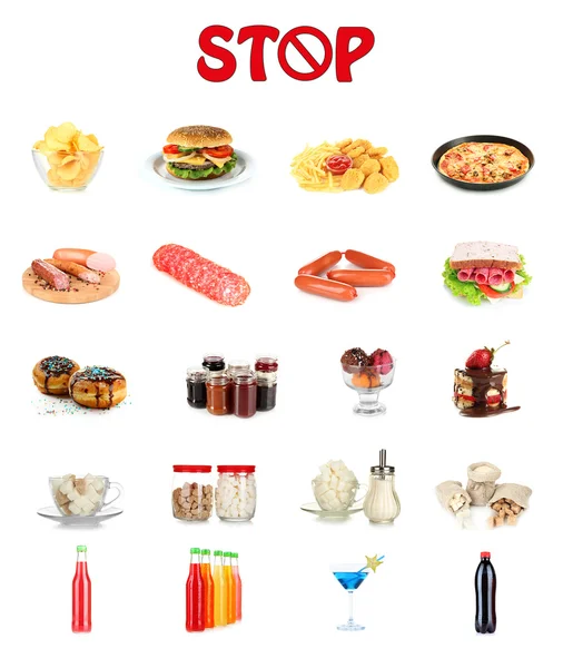 Collage de différents aliments malsains — Photo