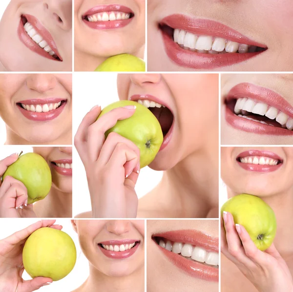 Collage av kvinnan mun med friska tänder — Stockfoto