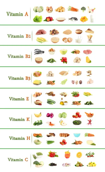 Colagem de vários produtos alimentares que contêm vitaminas — Fotografia de Stock