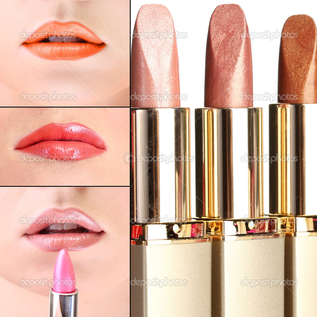 Collage of beautiful makeup of glossy lips
