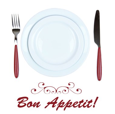 bıçak, renkli plaka ve üzerinde beyaz izole çatal