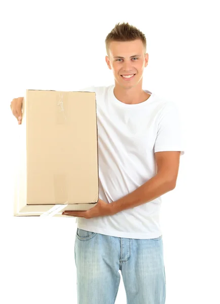 Jovem entregador segurando parcela, isolado em branco — Fotografia de Stock