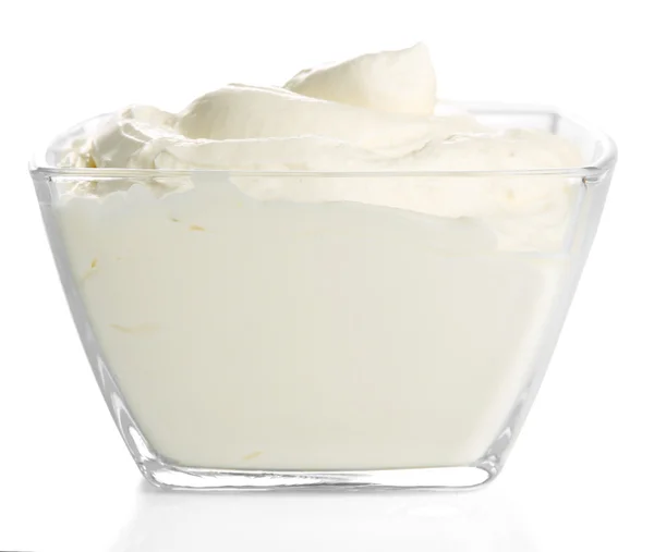 Sour cream in bowl isolated on white — Stock Photo, Image