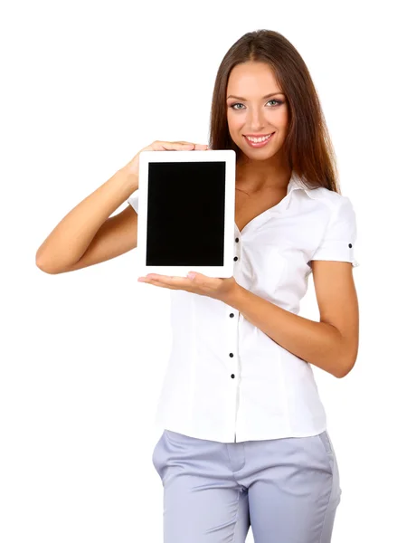 Joven mujer de negocios hermosa con tableta aislada en blanco —  Fotos de Stock