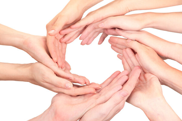 Ring of hands. Conceptual photo of teamwork, isolated on white
