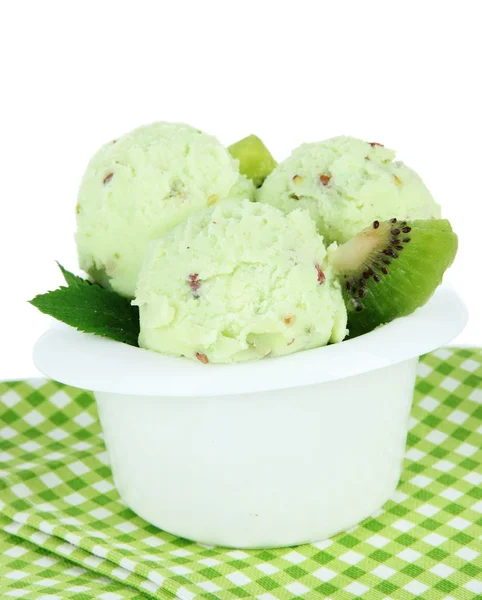 Sabrosas cucharadas de helado en tazón, aislado en blanco —  Fotos de Stock