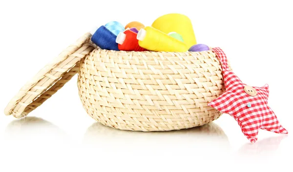 Wicker basket with accessories for needlework isolated on white — Stock Photo, Image