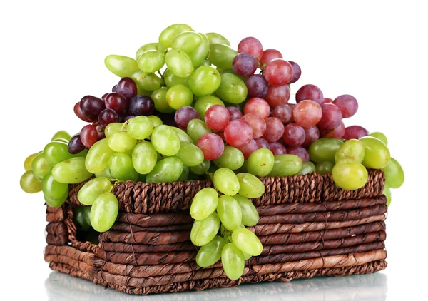 Ripe green and purple grapes in basket isolated on white — Stock Photo, Image