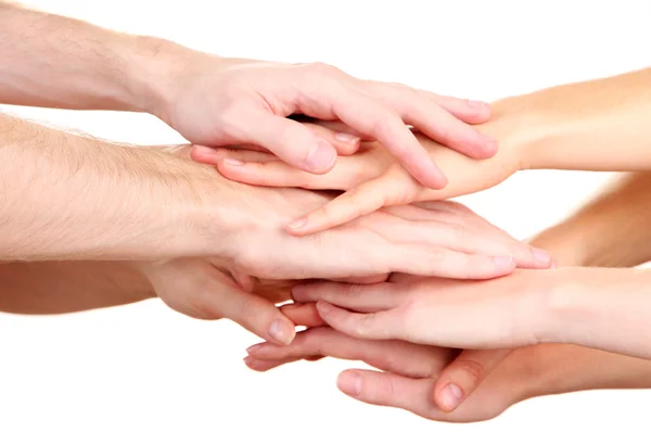 United hands isolated on white Conceptual photo of teamwork Stock Photo
