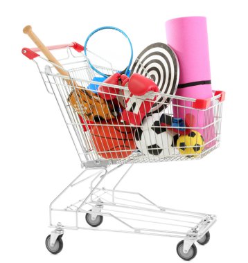 alışveriş sepeti spor ekipmanları ile üzerinde beyaz izole