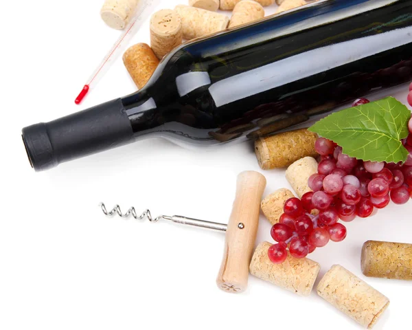 Bottle of wine, grapes and corks, isolated on white — Stock Photo, Image