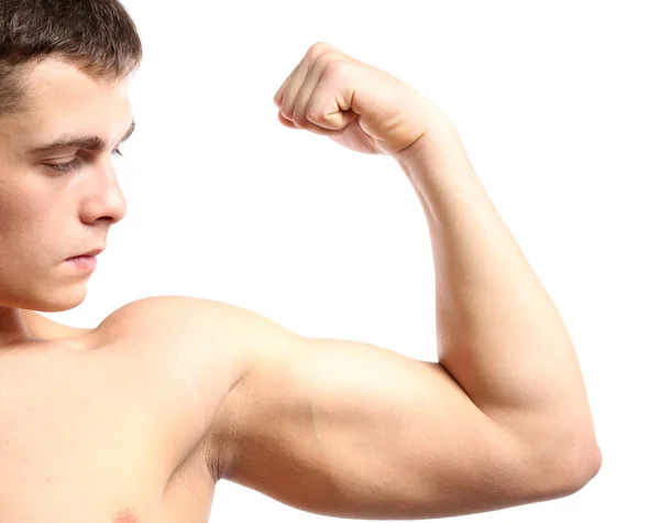 Guapo joven deportista muscular, aislado en blanco — Foto de Stock