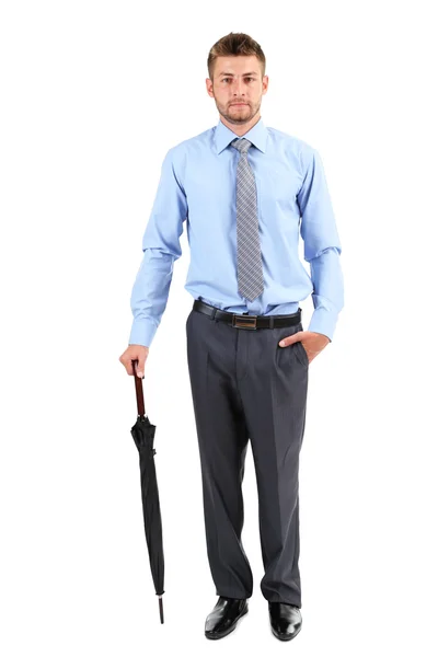 Homme d'affaires avec parapluie, isolé sur blanc — Photo