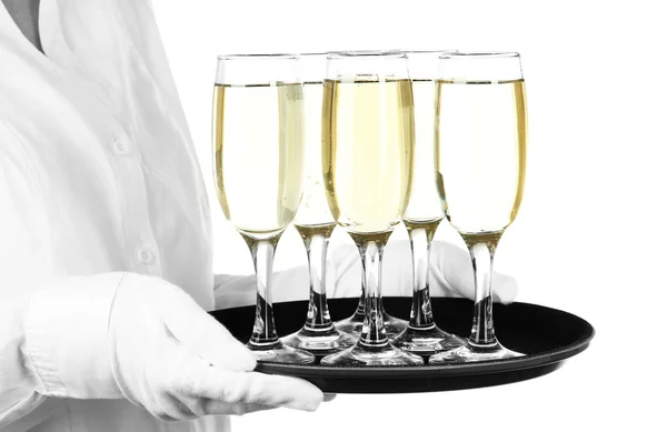 女服务员举行戴着眼镜的香槟，孤立在白色的纸盒 — 图库照片