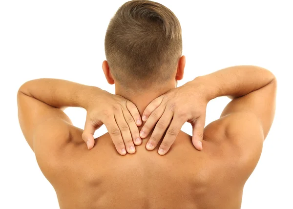 Hombre joven con dolor de cuello, aislado en blanco —  Fotos de Stock