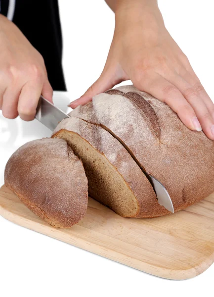 Vágás kenyér elszigetelt fehér fából készült táblán — Stock Fotó