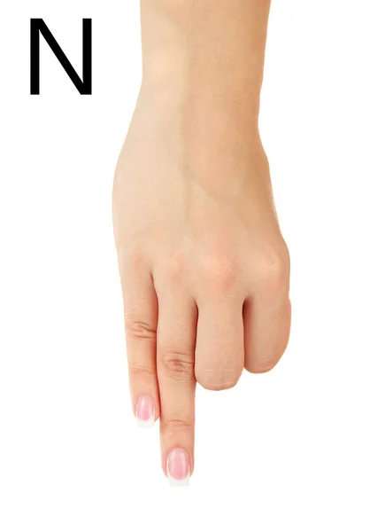 Пальцем правопис алфавіту в американському мовою жестів (Asl). Літера N — стокове фото