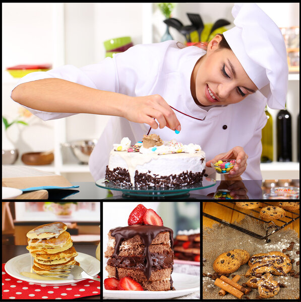 Collage of confectionery theme consisting of delicious pastries and cook