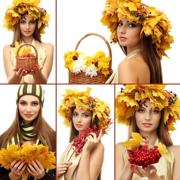 Collage de hermosa mujer con hojas de otoño — Foto de Stock