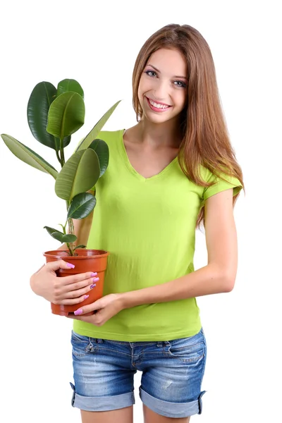 Mooi meisje met bloem in pot geïsoleerd op wit — Stockfoto