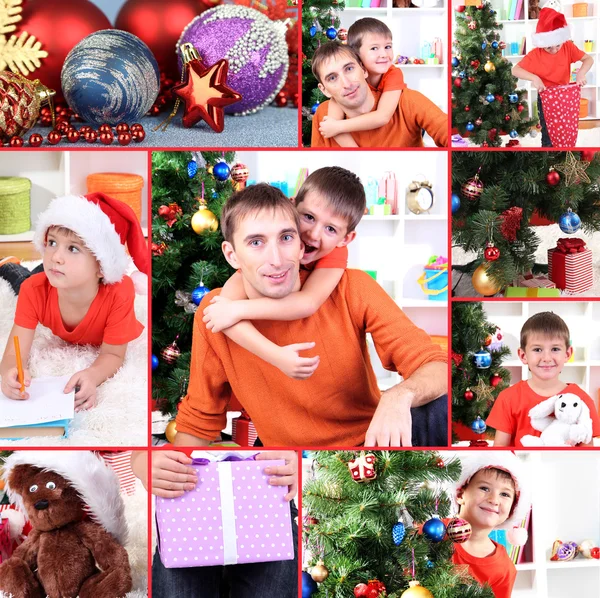 Collage de familia feliz celebrando el Año Nuevo en casa — Foto de Stock