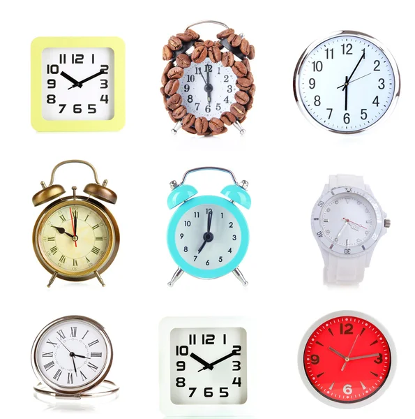 Kolaż różnych zegarów — Zdjęcie stockowe