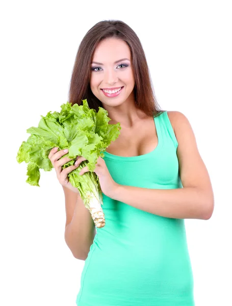 Taze salata üzerine beyaz izole ile güzel kız — Stok fotoğraf