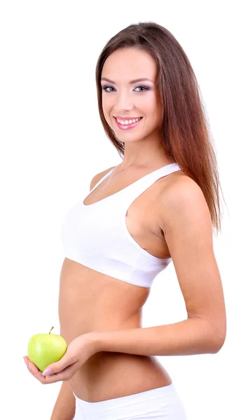 Beautiful young woman with green apple isolated on white — Stock Photo, Image