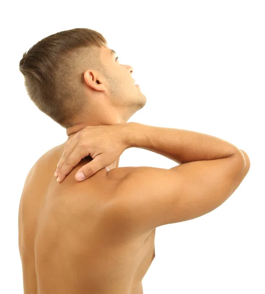 Mladý muž s bolestí krku, izolované na bílém — Stock fotografie