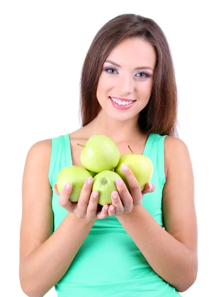 Mooie jonge vrouw met groene appels geïsoleerd op wit — Stockfoto