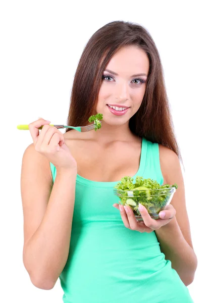 Menina bonita com salada fresca isolada em branco — Fotografia de Stock
