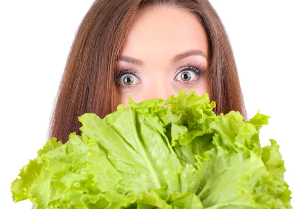 Schönes Mädchen mit frischem Salat isoliert auf weiß — Stockfoto