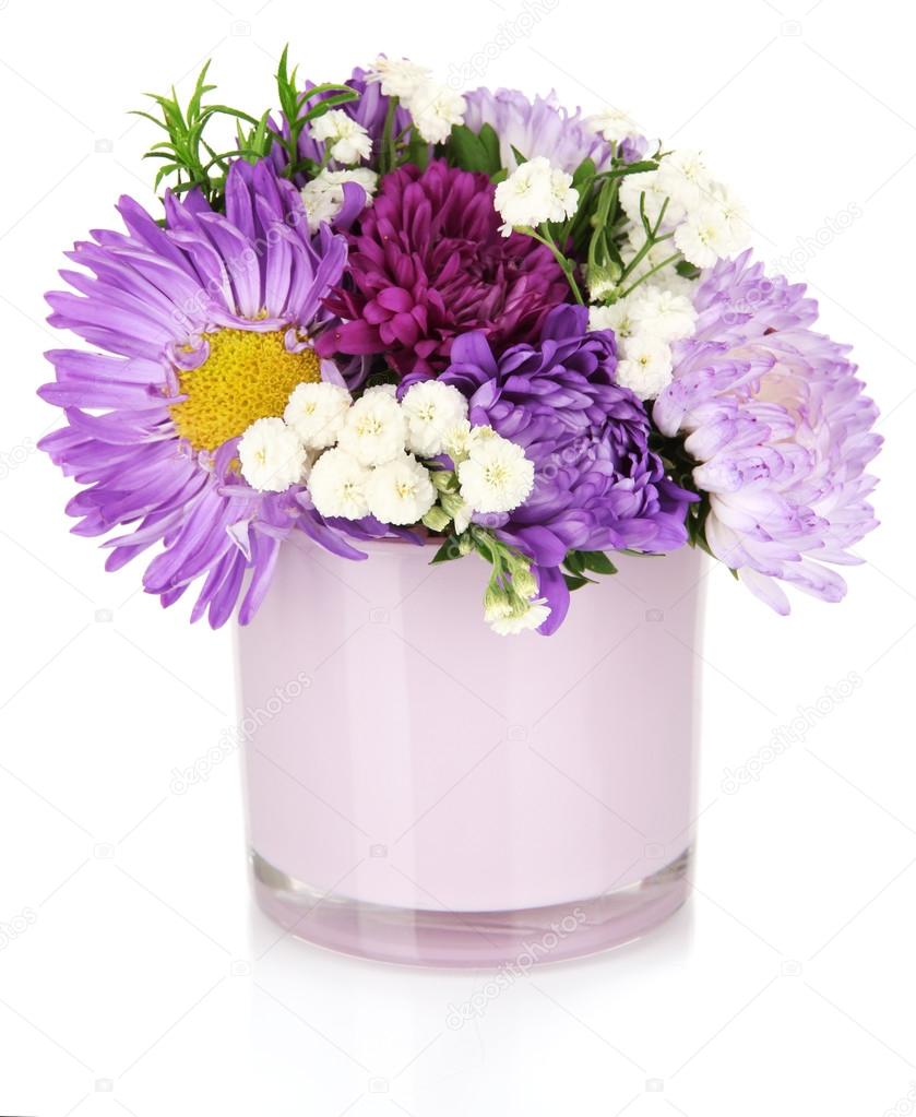 Hermoso ramo de flores brillantes en jarrón de vidrio, aislado en blanco:  fotografía de stock © belchonock #30931365 | Depositphotos