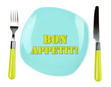 bıçak, renkli plaka ve üzerinde beyaz izole çatal