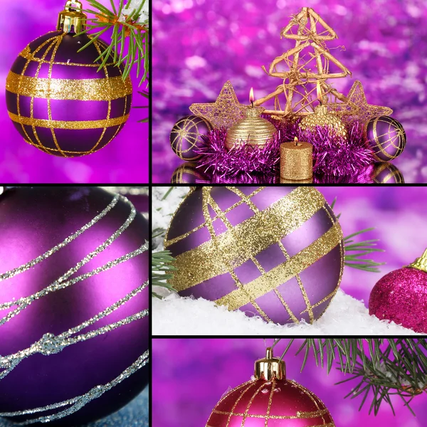 Collage van paarse kerstversiering — Stockfoto