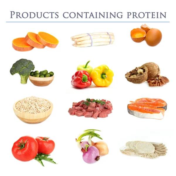 Collage av produkter som innehåller protein — Stockfoto