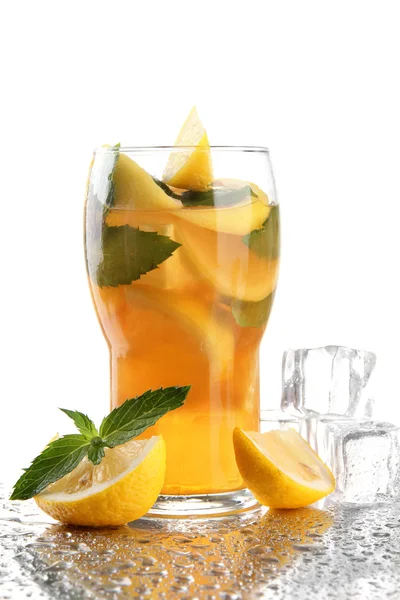 Iced tea with lemon and mint isolated on white — Stock Photo, Image