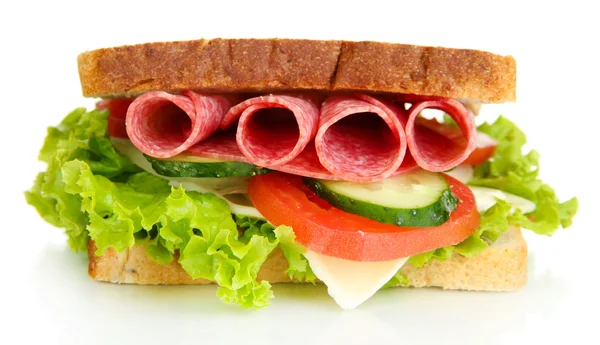 Tasty sandwich with salami sausage and vegetables, isolated on white — Stock Photo, Image