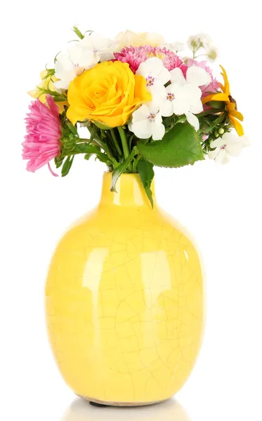 Beautiful bouquet of bright flowers in color vase, isolated on white — Stock Photo, Image