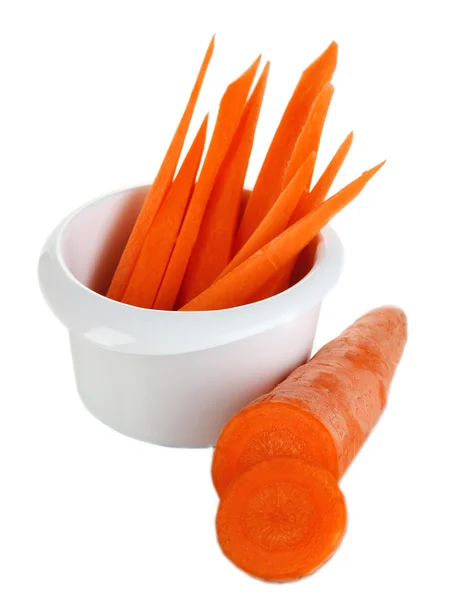 Bright fresh carrot cut up slices in bowl isolated on white — Stock Photo, Image