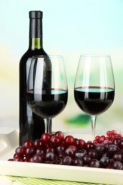 Uvas maduras, botella y copas de vino en bandeja, sobre fondo brillante —  Fotos de Stock